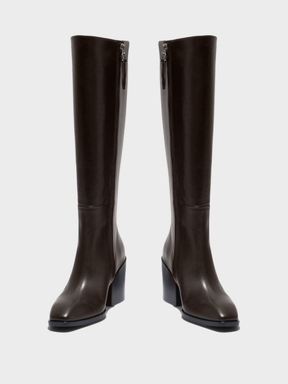Aeyde | Teresa Leather Knee-High Boots Leather Knee High Boots for Women | Moka Calf | Square Toe | High Heel | Front View
