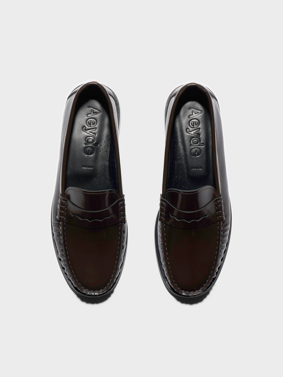 Aeyde | Terry Polido Leather Loafers Leather Flats for Women | Moka Polido | Round Toe | Low Heel | Front View