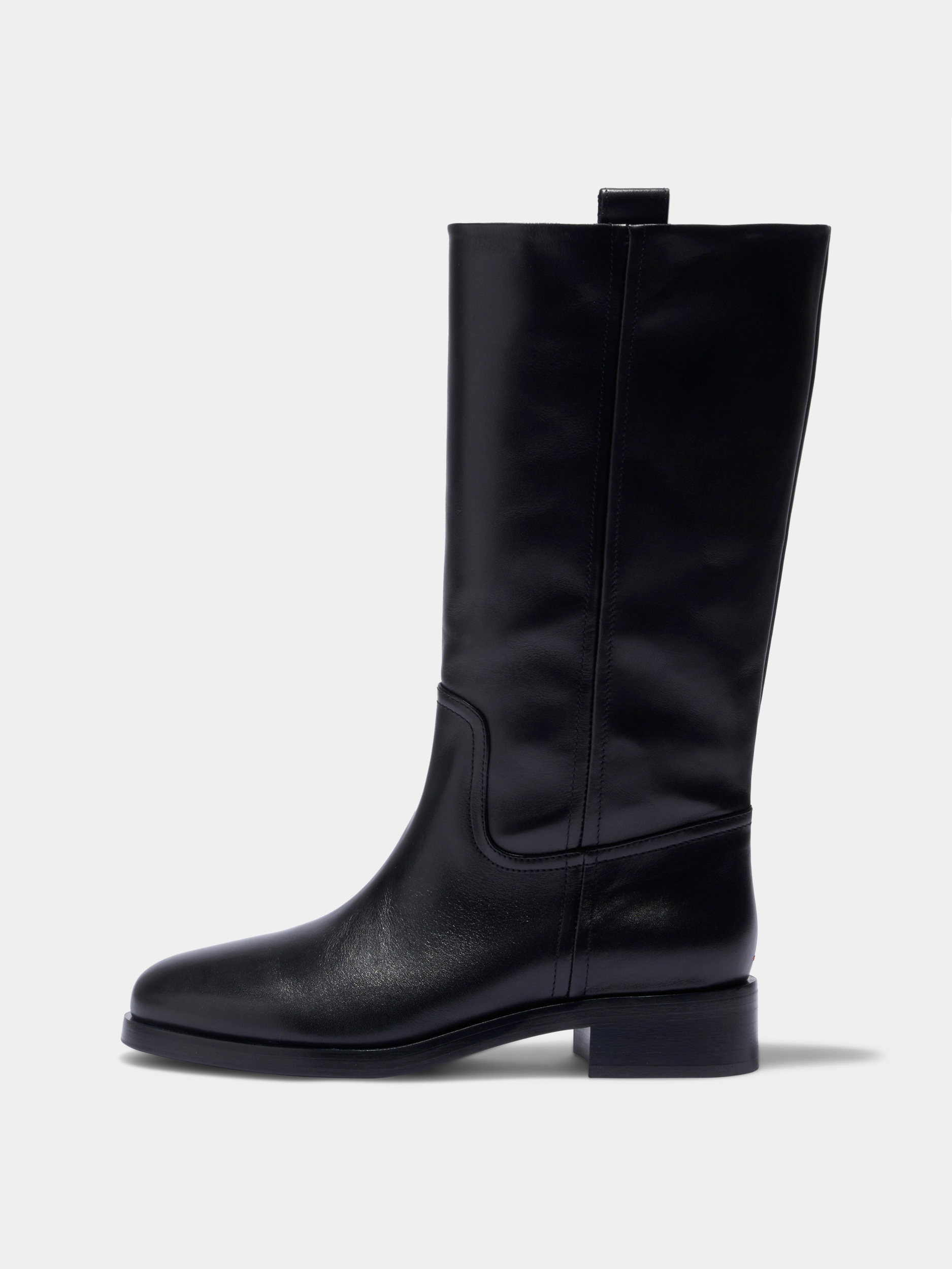 Aeyde | Theo Knee-High Boots Leather Knee High Boots for Women | Black Calf | Round Toe | Low Heel | Side View