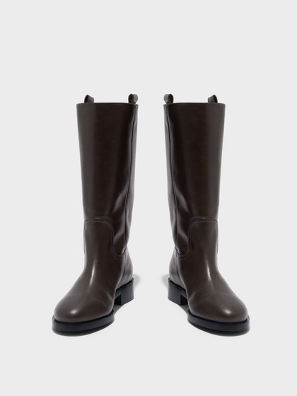 Aeyde | Theo Knee-High Boots Leather Knee High Boots for Women | Moka Calf | Round Toe | Low Heel | Front View