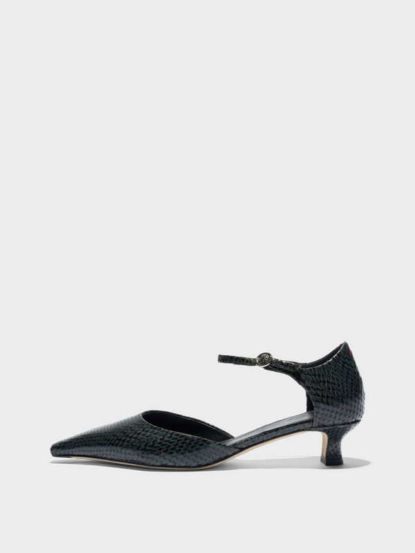 Aeyde | Tillie Ankle Strap Pumps Leather Pumps for Women | Moss Mini Snake | Pointed Toe | Low Heel | Side View