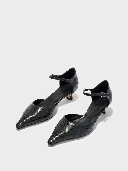Aeyde | Tillie Ankle Strap Pumps Leather Pumps for Women | Moss Mini Snake | Pointed Toe | Low Heel | Luxury Materials | Handmade in Italy