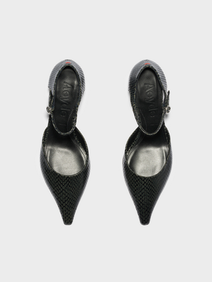 Aeyde | Tillie Ankle Strap Pumps Leather Pumps for Women | Moss Mini Snake | Pointed Toe | Low Heel | Front View