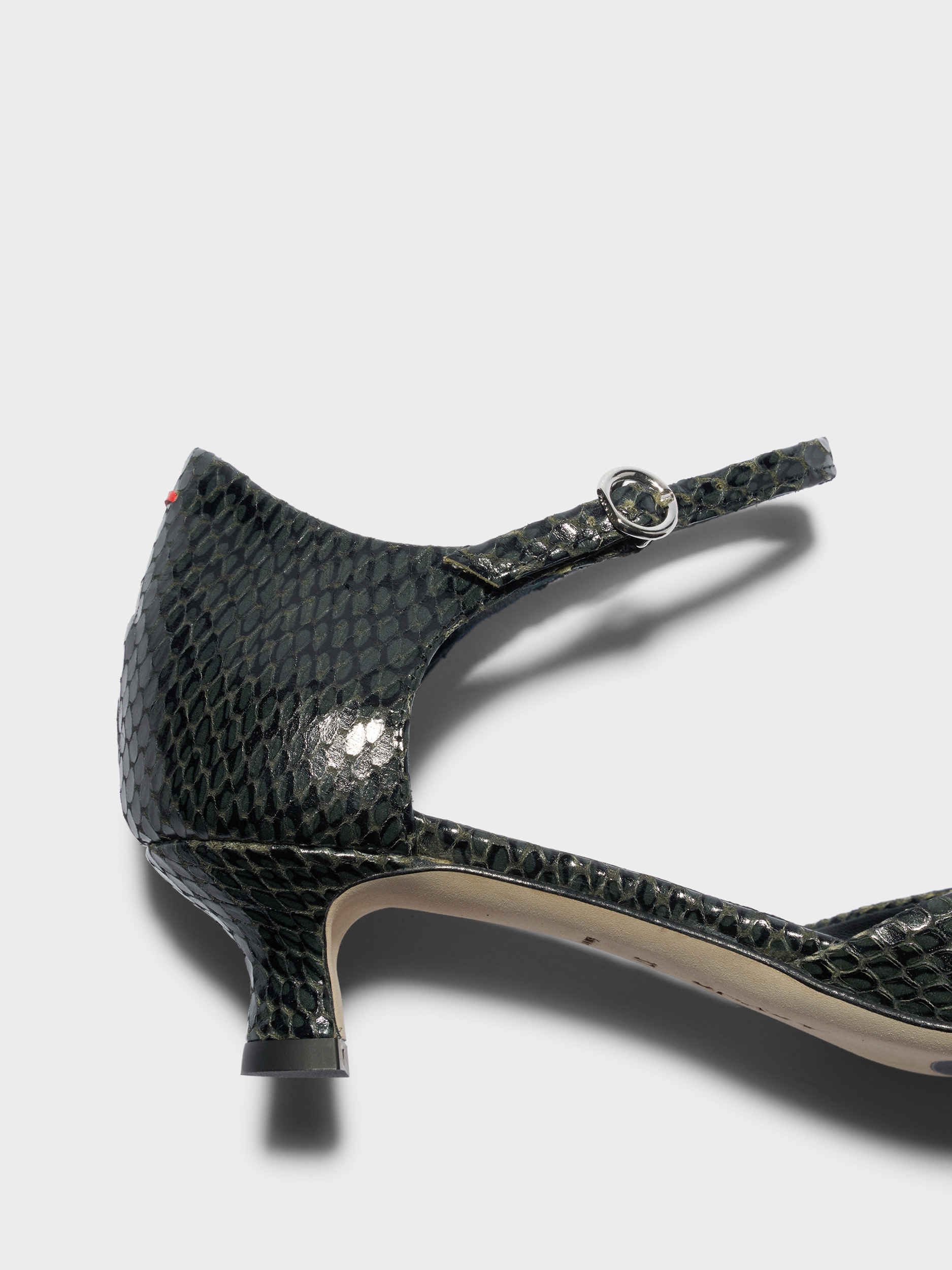 Aeyde | Tillie Ankle Strap Pumps Leather Pumps for Women | Moss Mini Snake | Pointed Toe | Low Heel | Heel Details