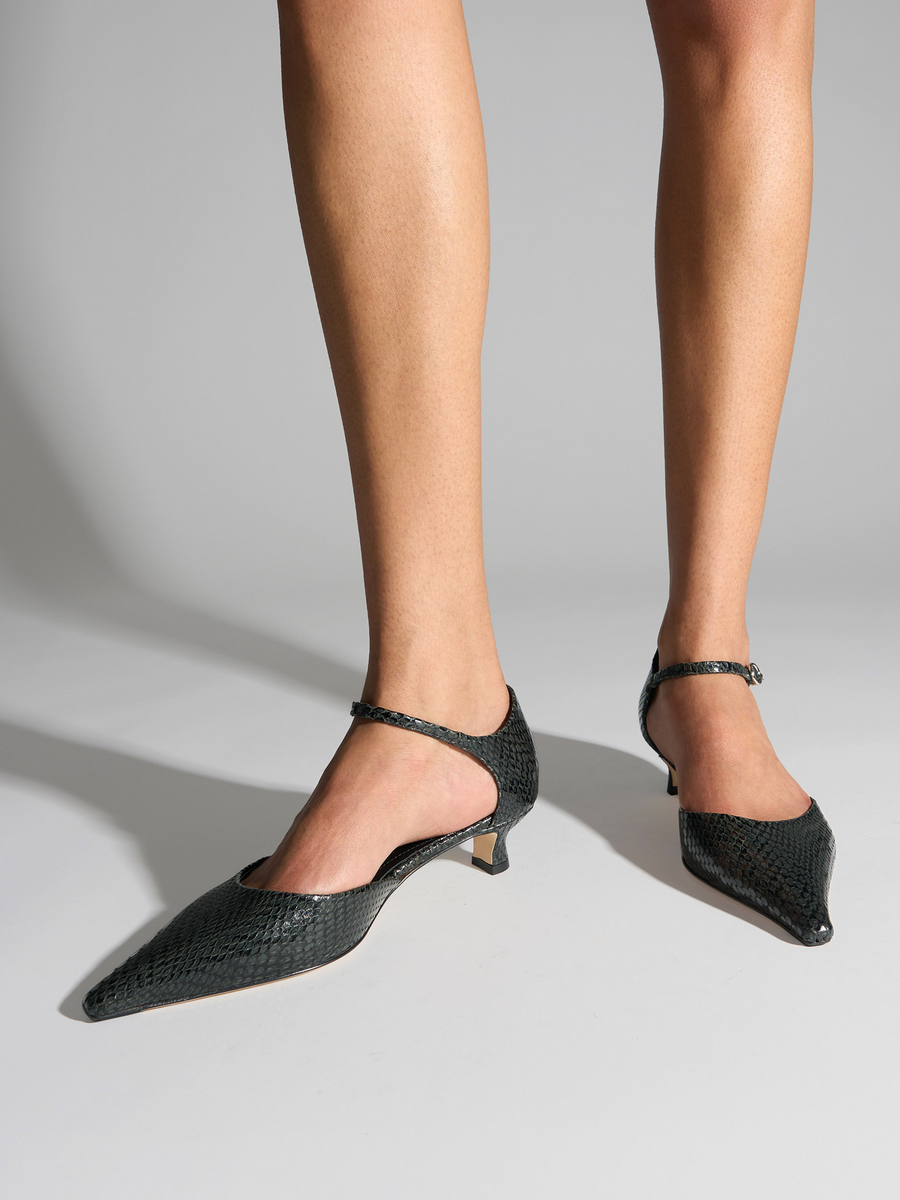 Aeyde | Tillie Ankle Strap Pumps Leather Pumps for Women | Moss Mini Snake | Pointed Toe | Low Heel | On Feet