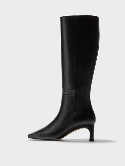 Aeyde | Torin Leather Knee-High Boots Leather Knee High Boots for Women | Black Calf | Square Toe | Mid Heel | Side View