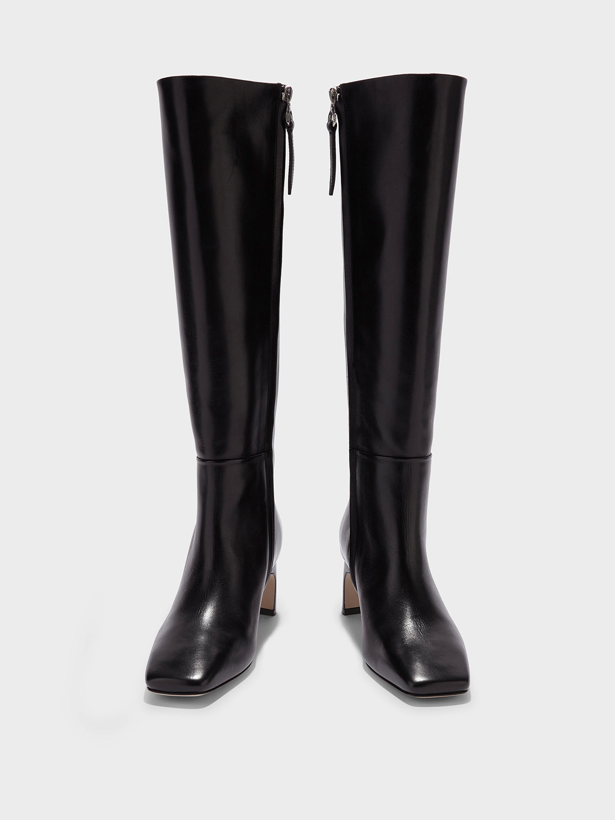 Aeyde | Torin Leather Knee-High Boots Leather Knee High Boots for Women | Black Calf | Square Toe | Mid Heel | Front View