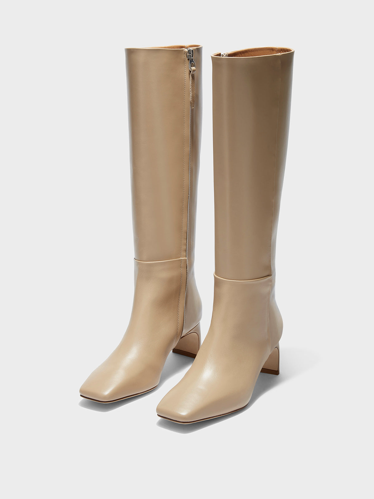 Aeyde | Torin Leather Knee-High Boots Leather Knee High Boots for Women | Latte Calf | Square Toe | Mid Heel | On Feet