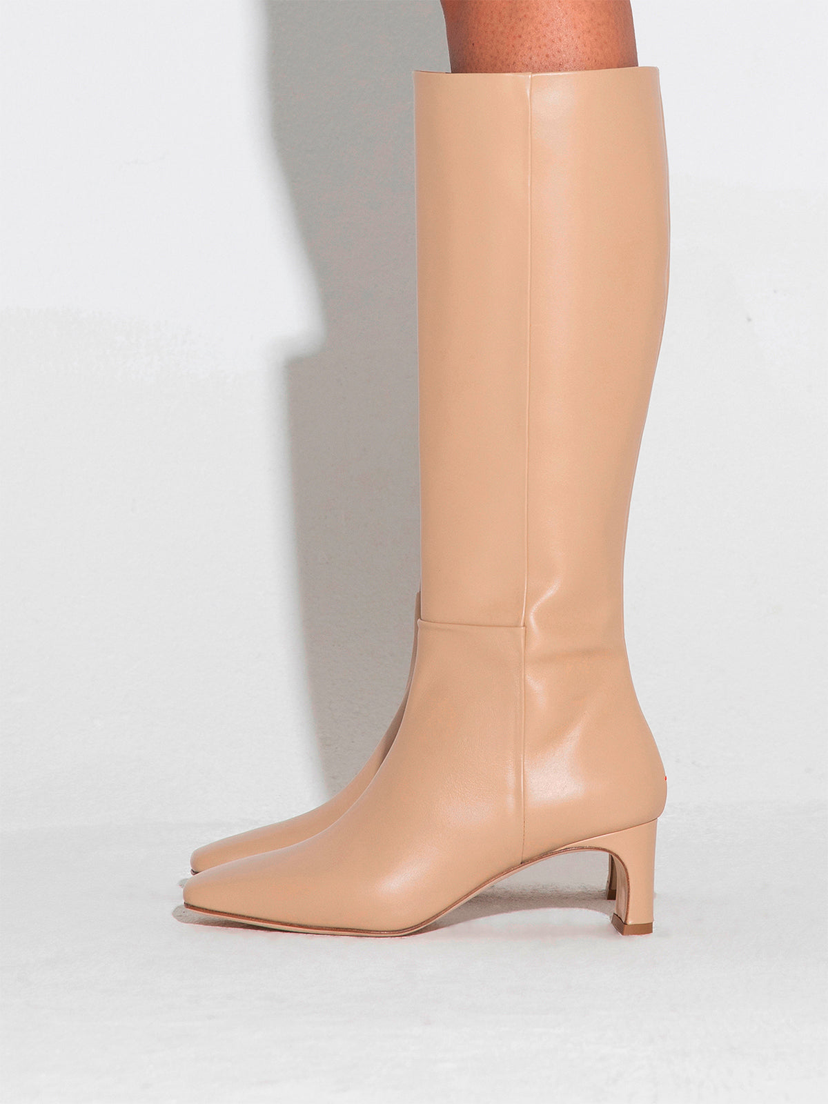 Aeyde | Torin Leather Knee-High Boots Leather Knee High Boots for Women | Latte Calf | Square Toe | Mid Heel | How to Style