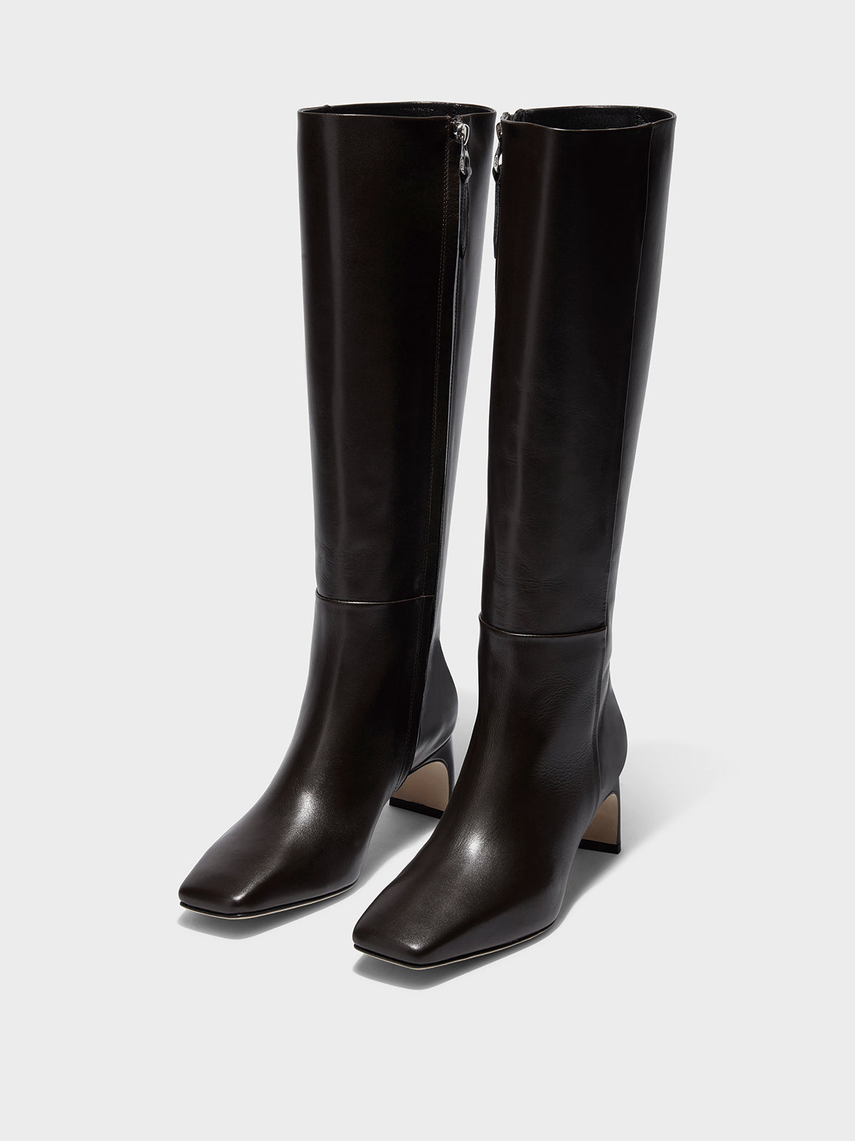 Aeyde | Torin Leather Knee-High Boots Leather Knee High Boots for Women | Moka Calf | Square Toe | Mid Heel | On Feet