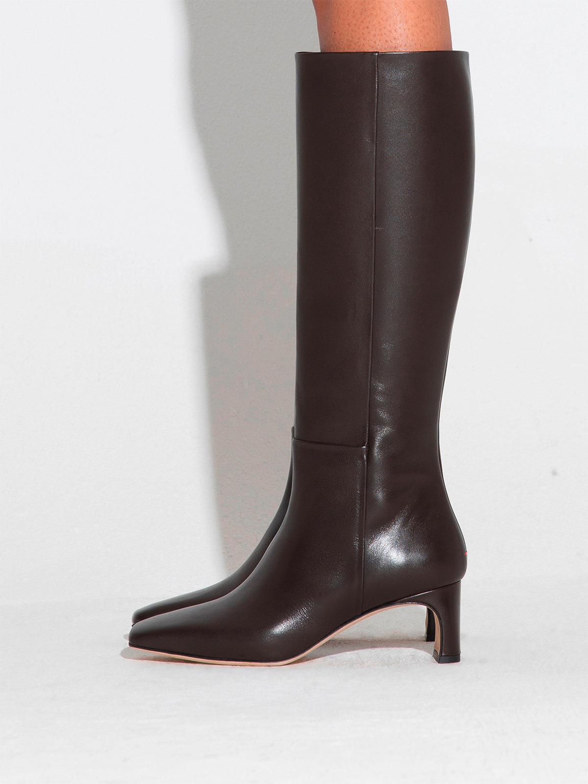 Aeyde | Torin Leather Knee-High Boots Leather Knee High Boots for Women | Moka Calf | Square Toe | Mid Heel | How to Style