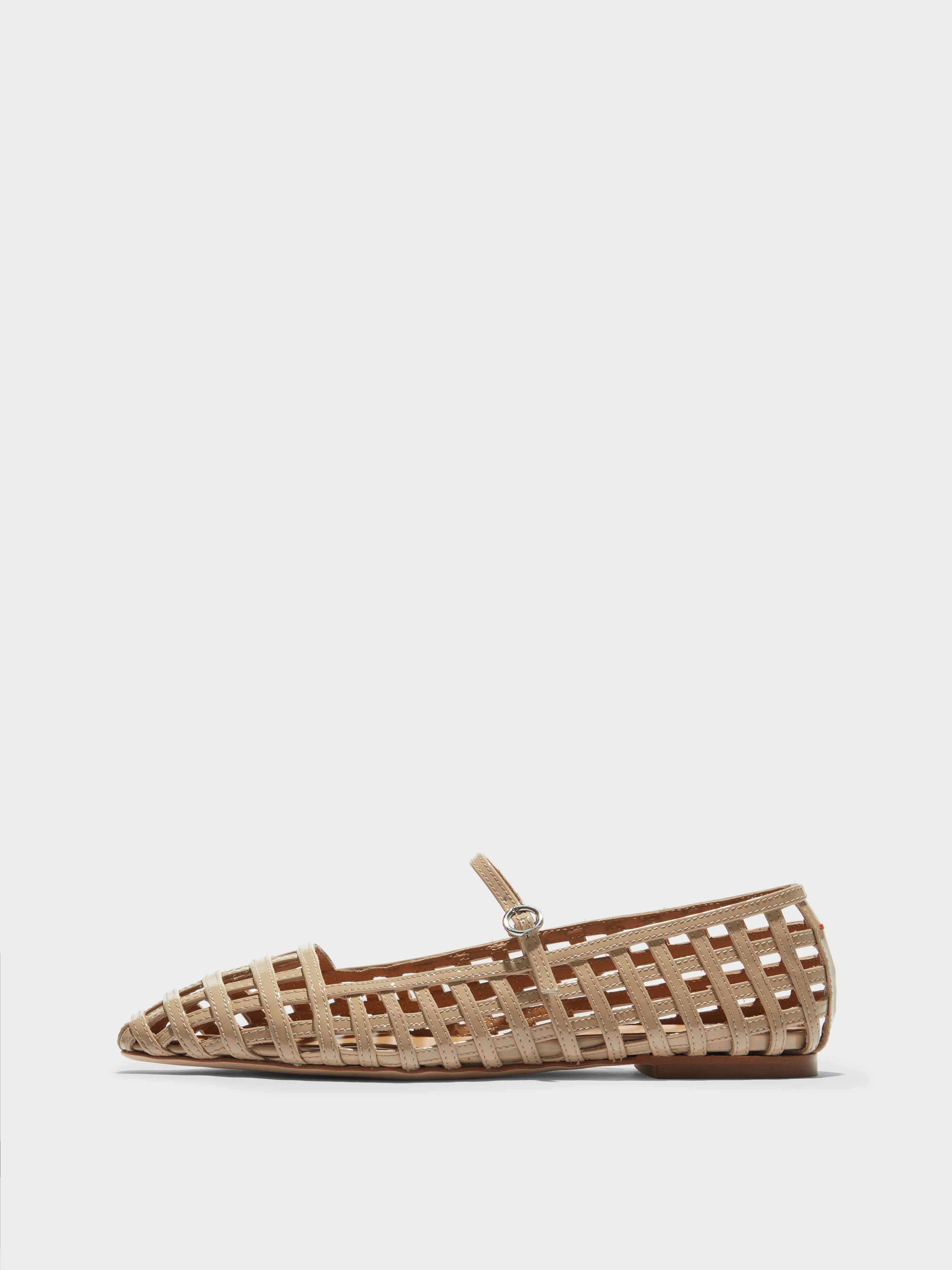 Aeyde | Uma Caged Mary-Jane Flats Leather Flats for Women | Latte Patent | Square Toe | Flat Heel | Side View