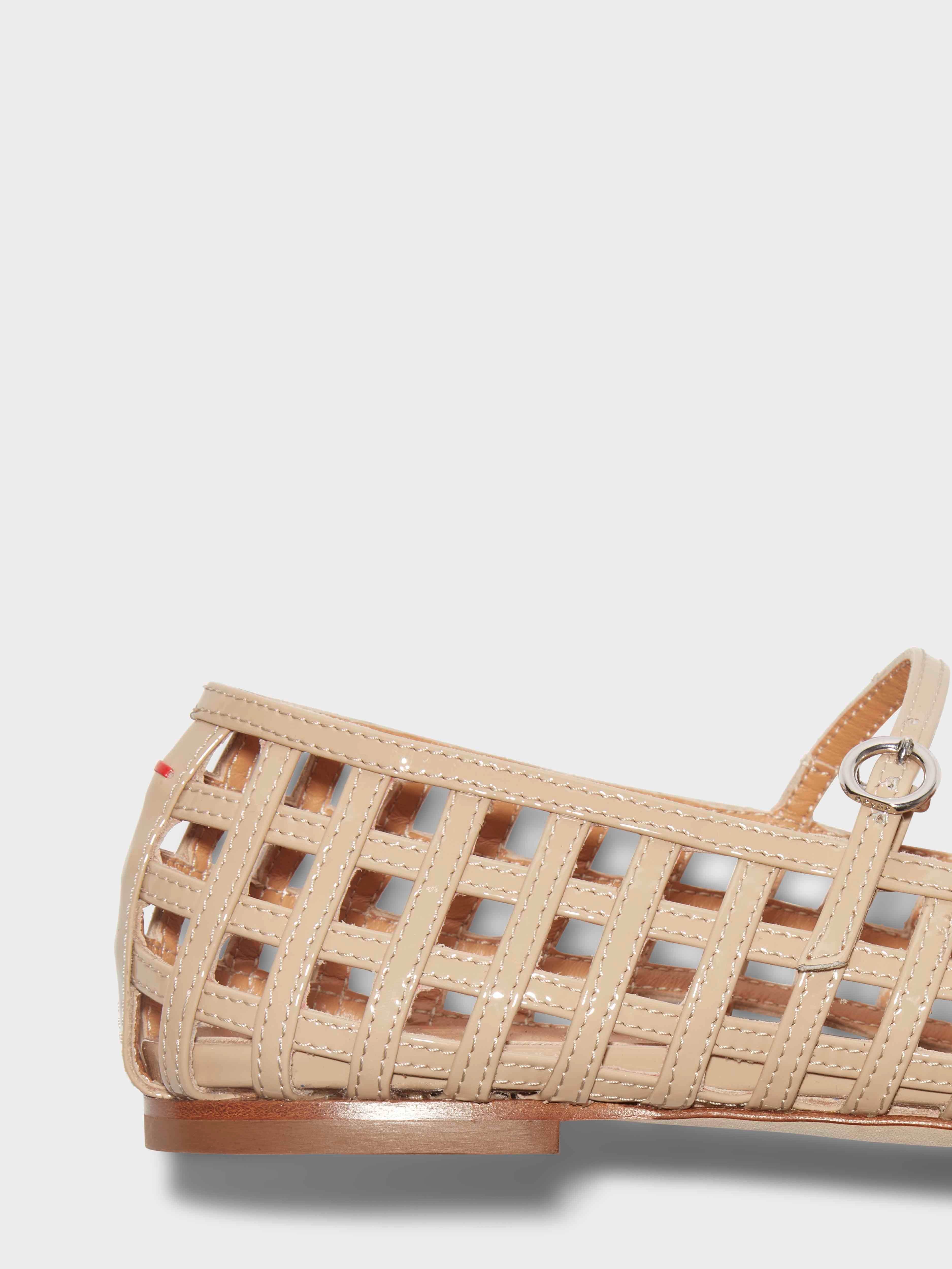Aeyde | Uma Caged Mary-Jane Flats Leather Flats for Women | Latte Patent | Square Toe | Flat Heel | Heel Details
