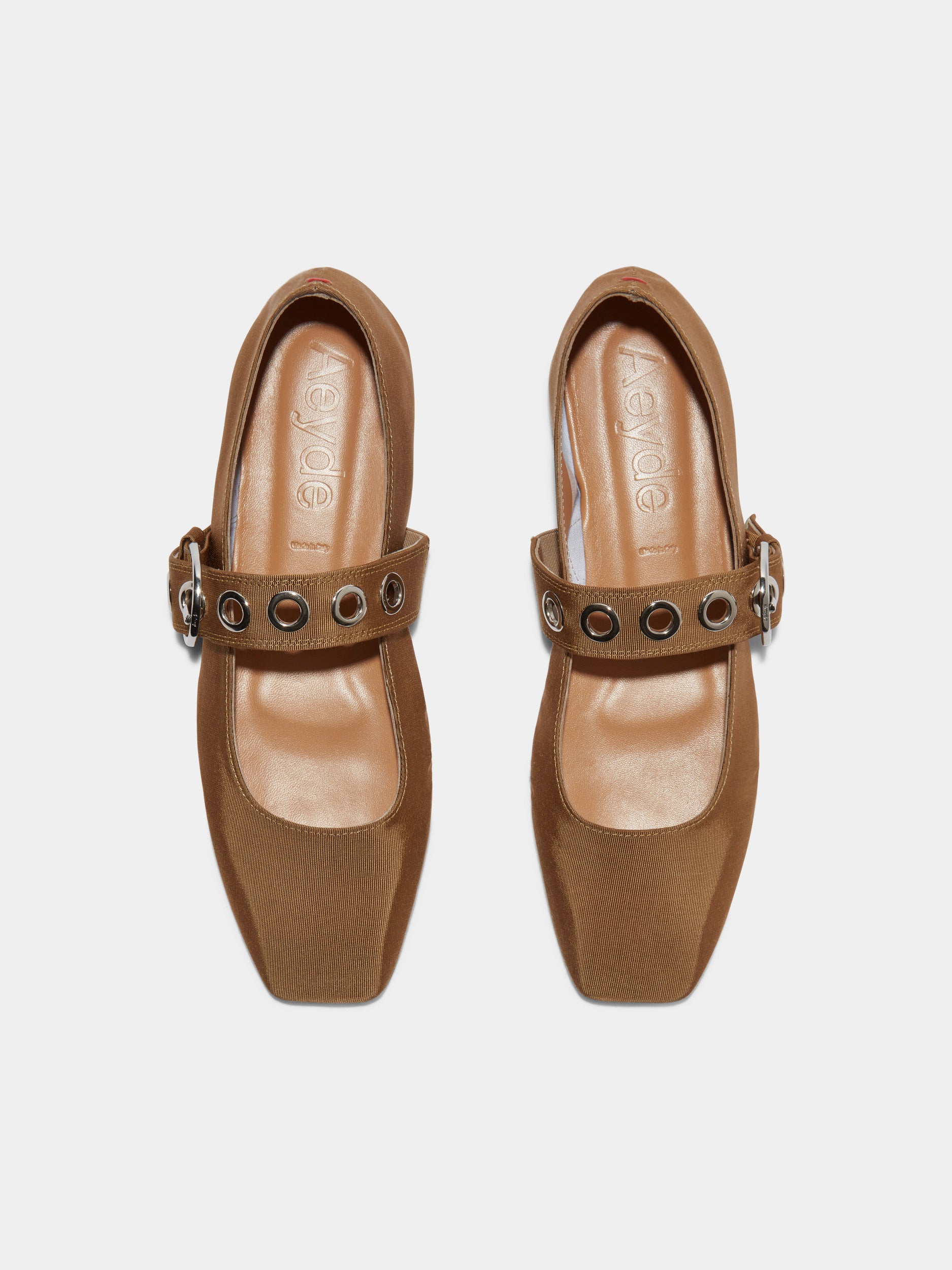 Aeyde | Uma Eyelet Grosgrain Mary-Janes Flats Leather Flats for Women | Caramel Grosgrain | Square Toe | Flat Heel | Front View