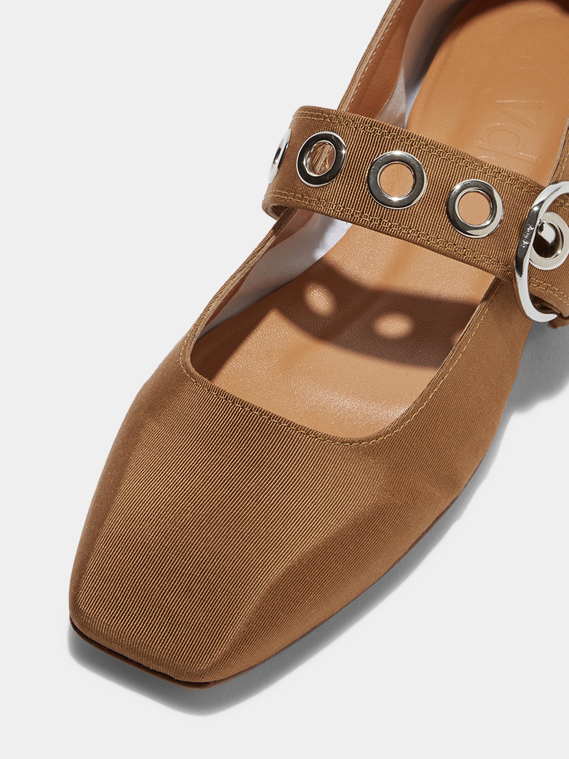 Aeyde | Uma Eyelet Grosgrain Mary-Janes Flats Leather Flats for Women | Caramel Grosgrain | Square Toe | Flat Heel | Luxury Materials | Handmade in Italy