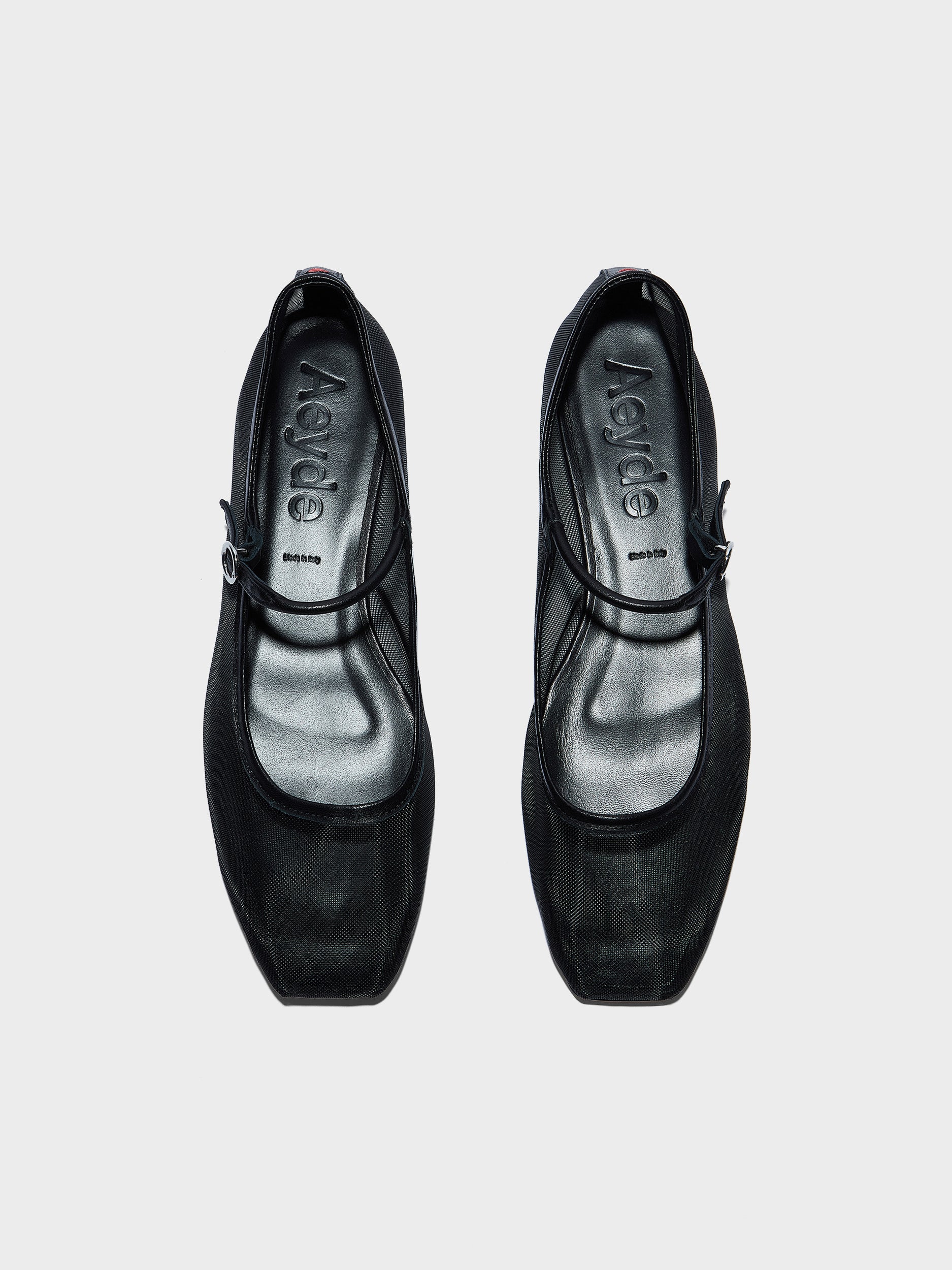 Aeyde | Uma Leather Flats for Women | Black Mesh/Nappa | Square Toe | Flat Heel | Front View