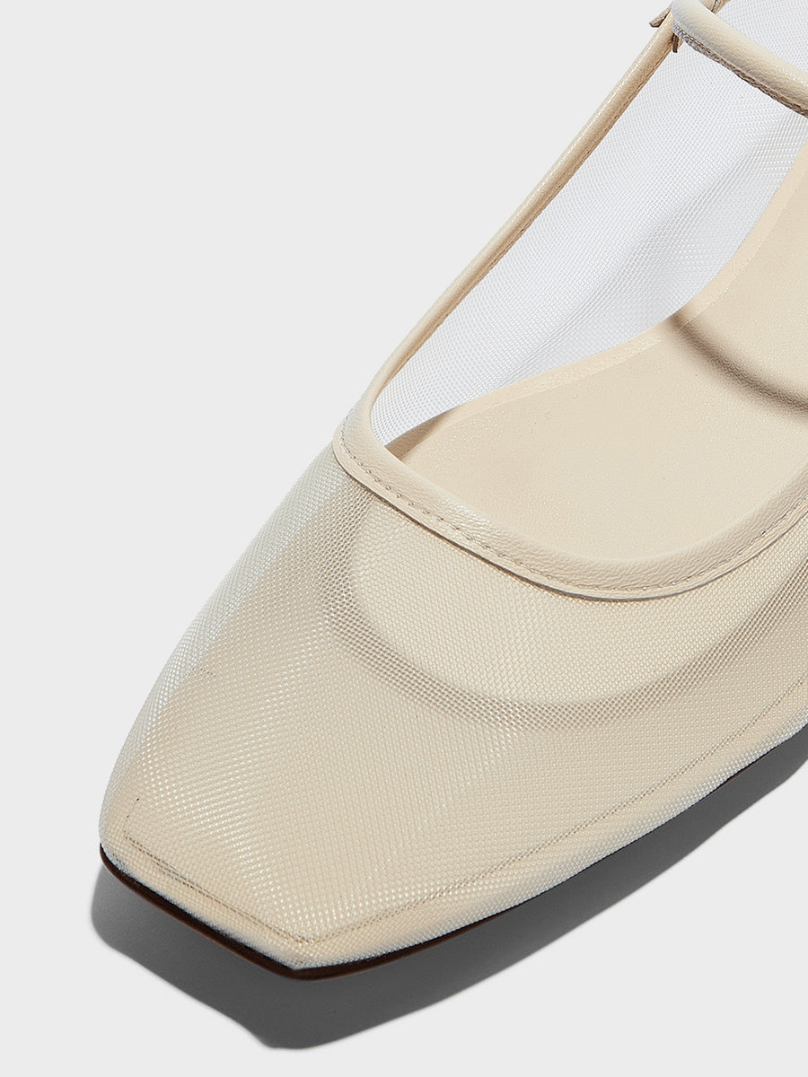 Aeyde | Uma Leather Flats for Women | Creamy Mesh/Nappa | Square Toe | Flat Heel | Heel Details