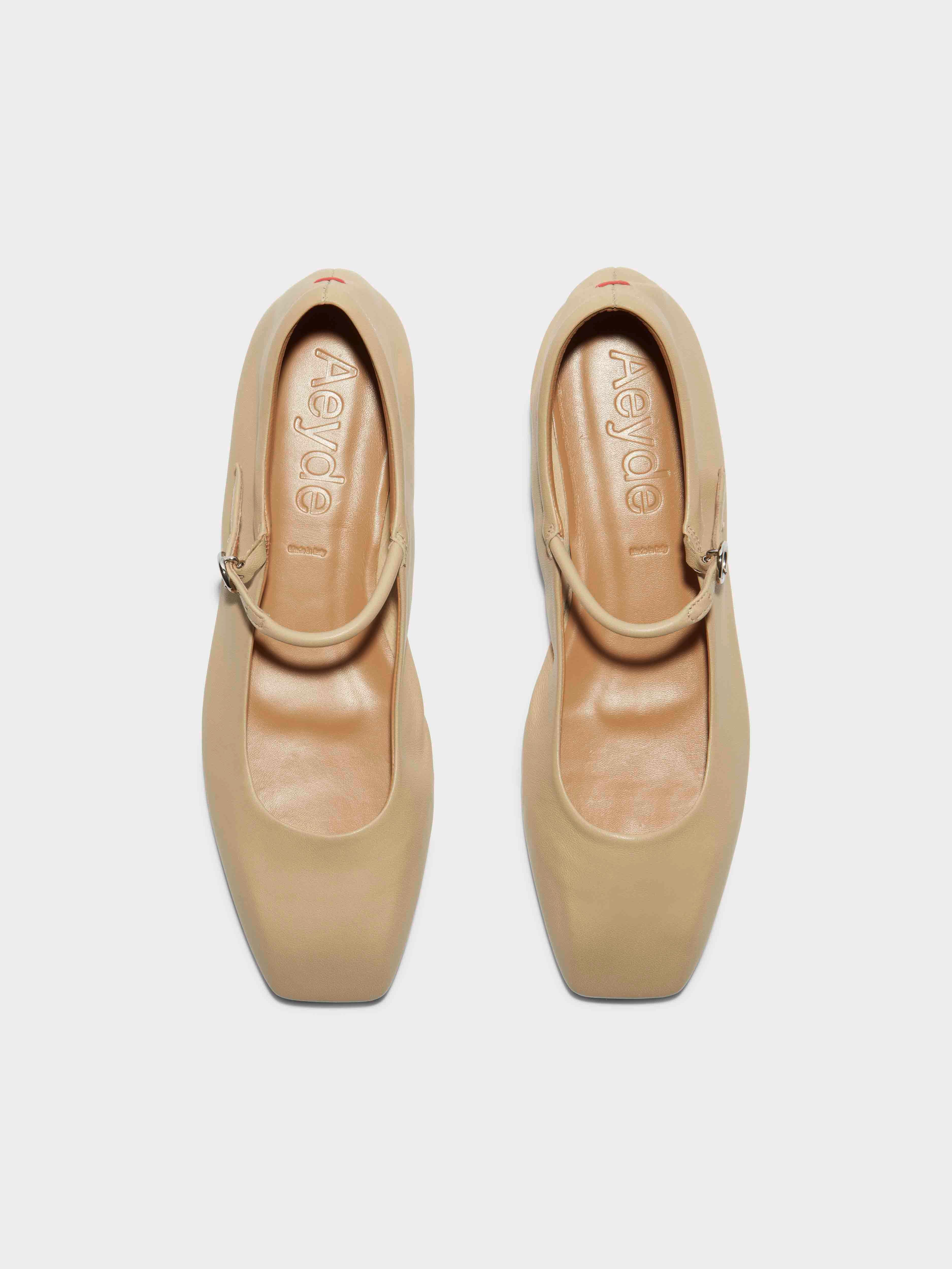Aeyde | Uma Leather Mary-Jane Flats Leather Flats for Women | Latte Nappa | Square Toe | Flat Heel | Front View