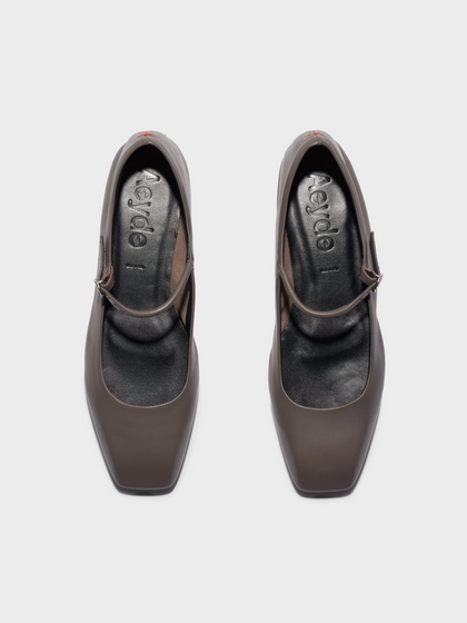 Aeyde | Uma Mary-Jane Flats Leather Flats for Women | Taupe Nappa | Square Toe | Flat Heel | Front View
