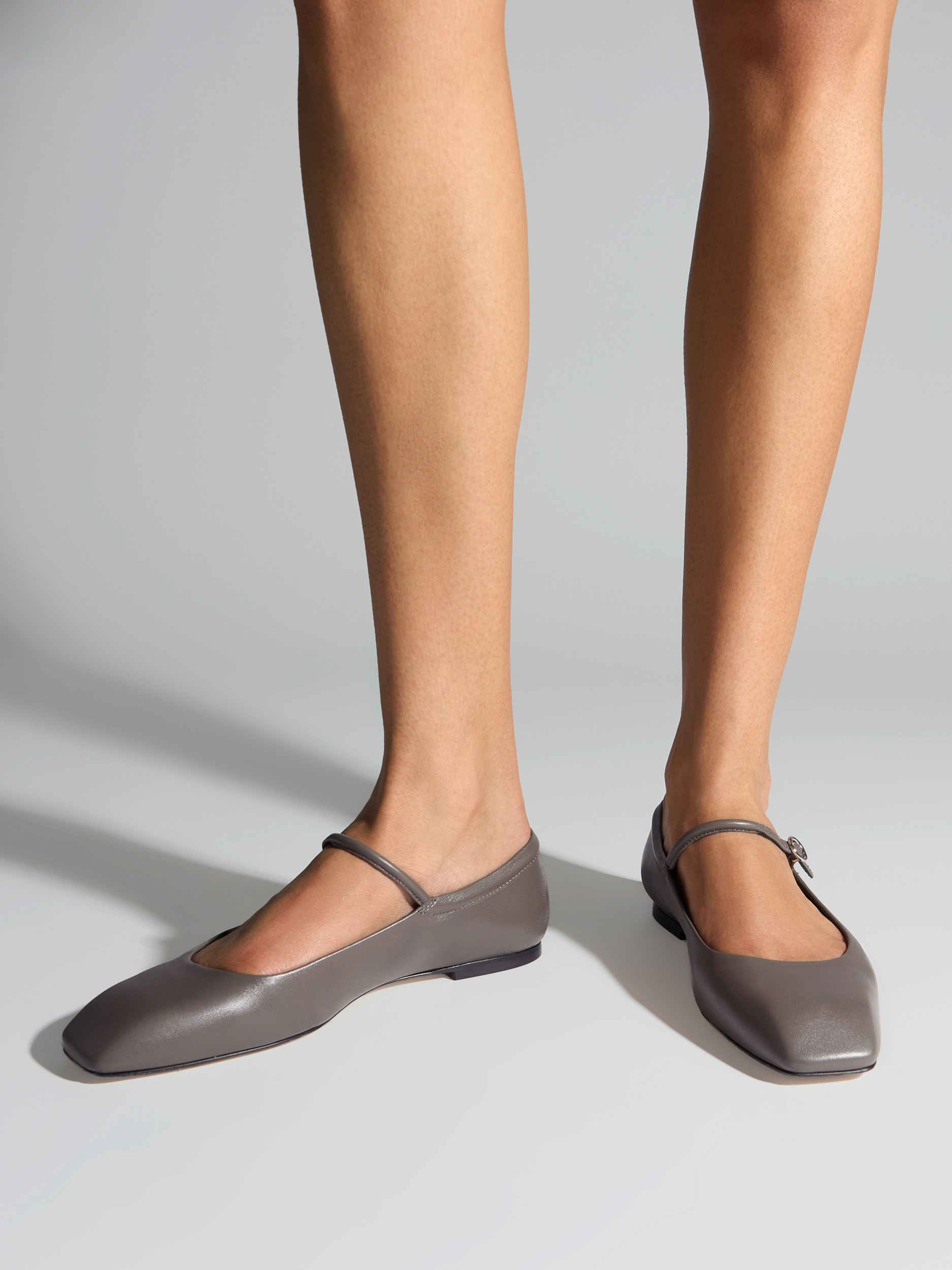Aeyde | Uma Mary-Jane Flats Leather Flats for Women | Taupe Nappa | Square Toe | Flat Heel | On Feet