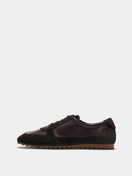 Aeyde | Uma Slim Sneakers Leather Flats for Women | Moka Nappa/Suede | Square Toe | Flat Heel | Side View