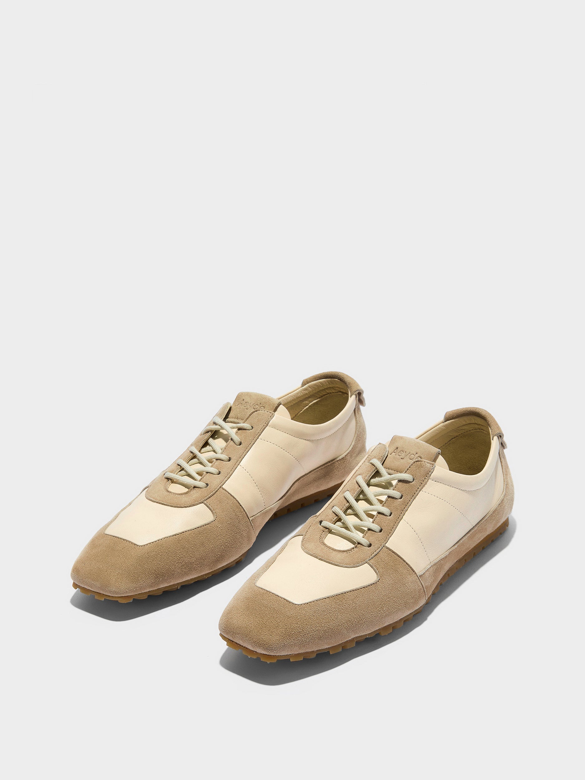 Aeyde | Uma Sneaker Leather Flats for Women | Creamy/Sand Nappa/Suede | Square Toe | Flat Heel | Luxury Materials | Handmade in Italy