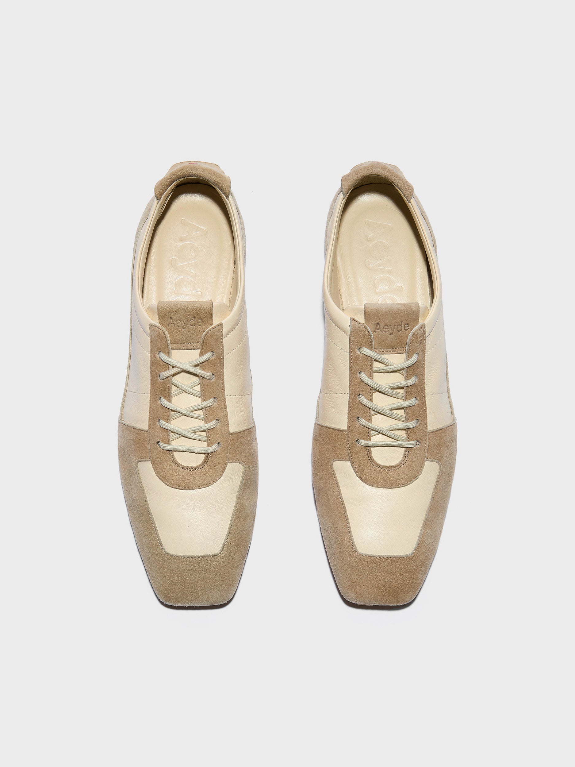 Aeyde | Uma Sneaker Leather Flats for Women | Creamy/Sand Nappa/Suede | Square Toe | Flat Heel | Front View