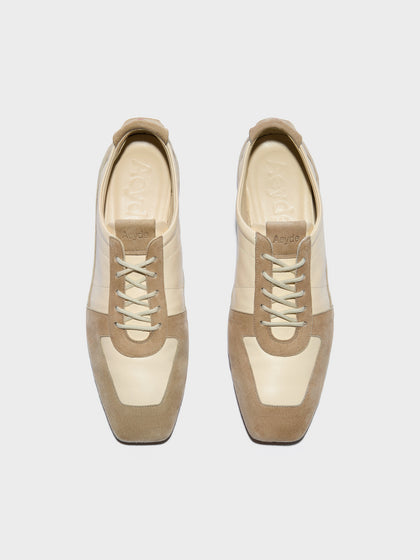 Aeyde | Uma Sneaker Leather Flats for Women | Creamy/Sand Nappa/Suede | Square Toe | Flat Heel | Front View