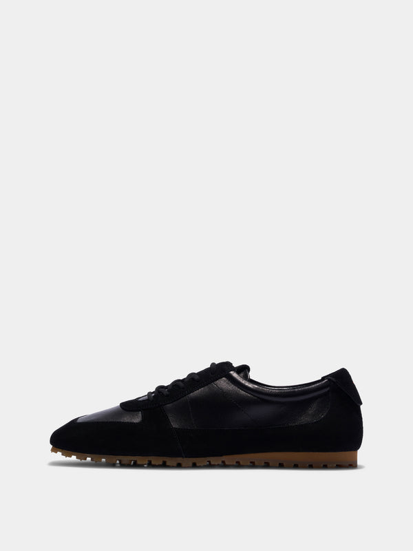 Aeyde | Uma Slim Sneakers Leather Flats for Women | Black Nappa/Suede | Square Toe | Flat Heel | Side View