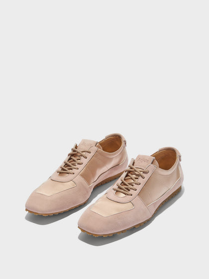 Aeyde | Uma Sneaker Leather Flats for Women | Peach Satin/Suede | Square Toe | Flat Heel | Luxury Materials | Handmade in Italy