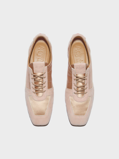 Aeyde | Uma Sneaker Leather Flats for Women | Peach Satin/Suede | Square Toe | Flat Heel | Front View