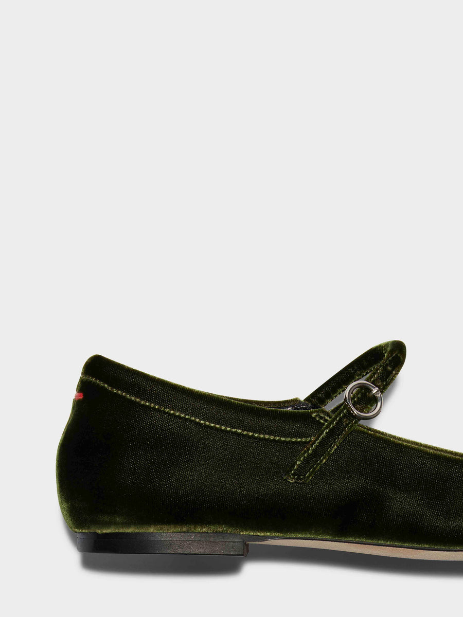 Aeyde | Uma Velvet Mary-Jane Flats Leather Flats for Women | Moss Velvet | Square Toe | Flat Heel | Heel Details