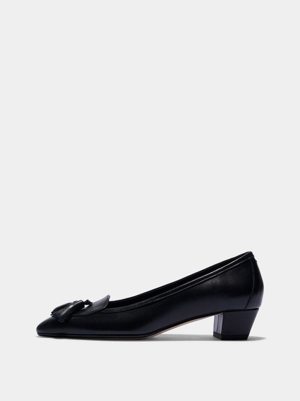 Aeyde | Valentine Tassel Pumps Leather Pumps for Women | Black Nappa | Round Toe | Low Heel | Side View