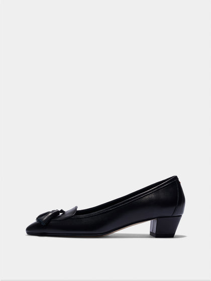 Aeyde | Valentine Tassel Pumps Leather Pumps for Women | Black Nappa | Round Toe | Low Heel | Side View