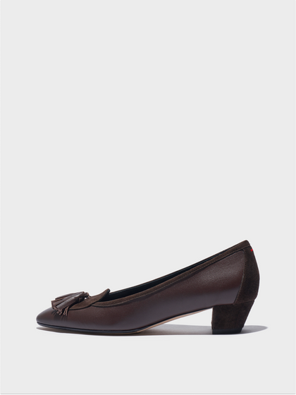 Aeyde | Valentine Tassel Pumps Leather Pumps for Women | Moka Nappa/Suede | Round Toe | Low Heel | Side View