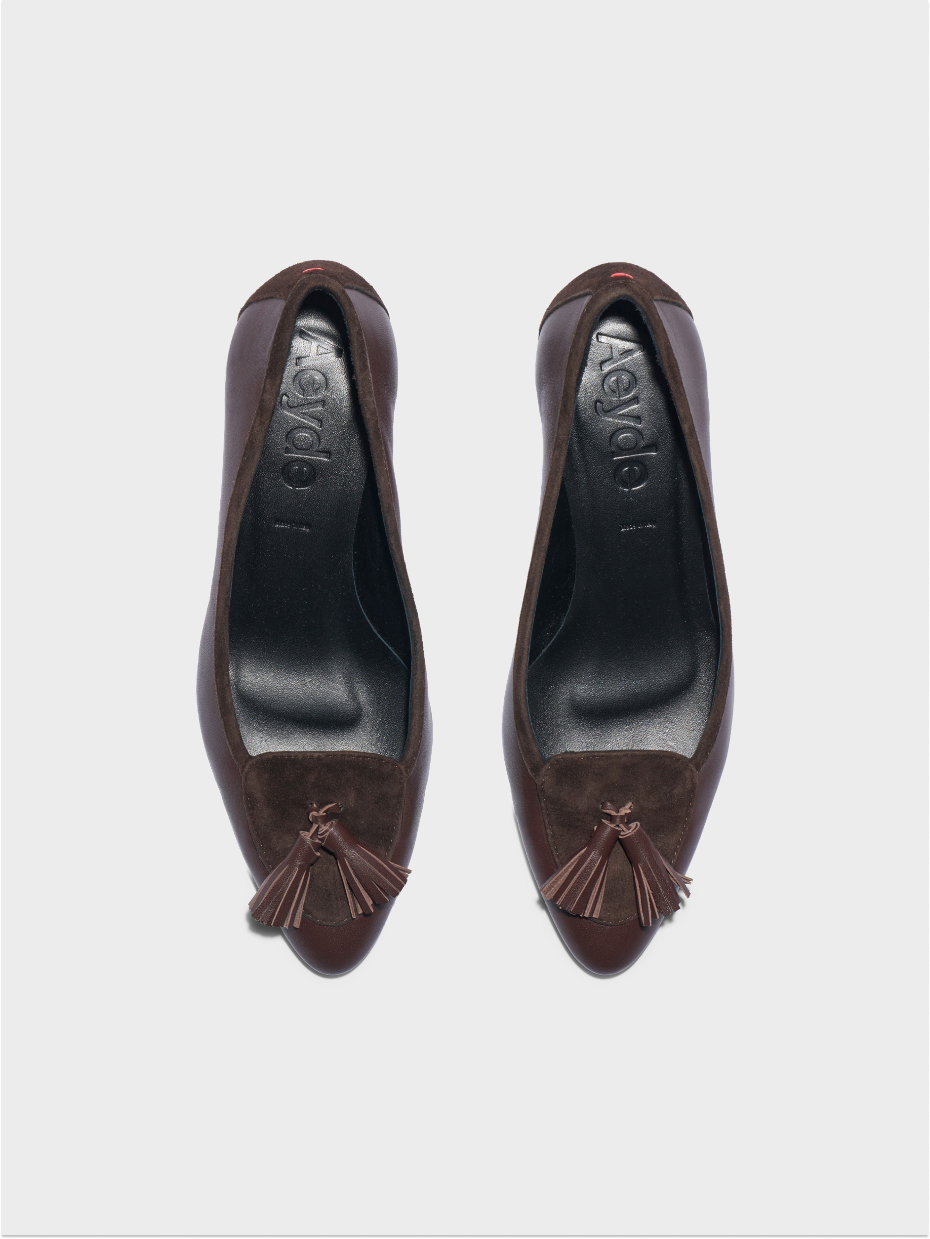 Aeyde | Valentine Tassel Pumps Leather Pumps for Women | Moka Nappa/Suede | Round Toe | Low Heel | Front View