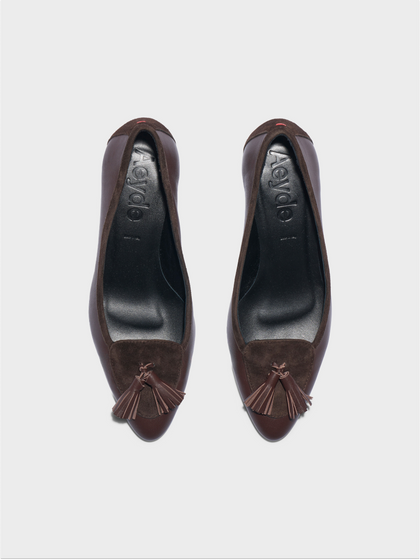 Aeyde | Valentine Tassel Pumps Leather Pumps for Women | Moka Nappa/Suede | Round Toe | Low Heel | Front View