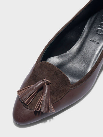 Aeyde | Valentine Tassel Pumps Leather Pumps for Women | Moka Nappa/Suede | Round Toe | Low Heel | Heel Details