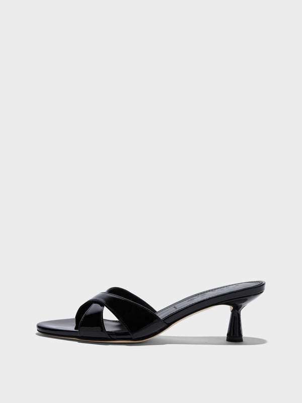 Aeyde | Vero Leather Heeled Sandals for Women | Black Patent | Round Toe | Mid Heel | Side View