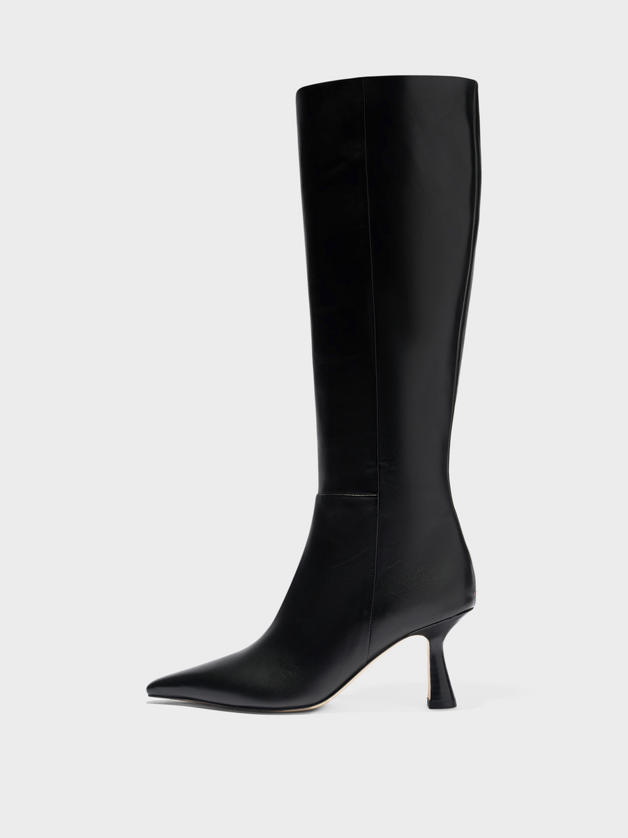 Aeyde | Vina Knee-High Boots Leather Knee High Boots for Women | Black Calf | Pointed Toe | High Heel | Side View
