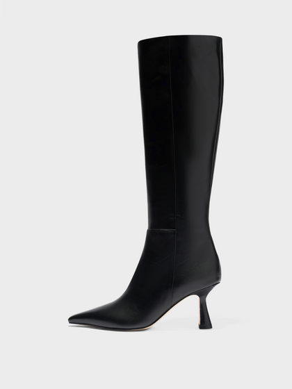 Aeyde | Vina Knee-High Boots Leather Knee High Boots for Women | Black Calf | Pointed Toe | High Heel | Side View