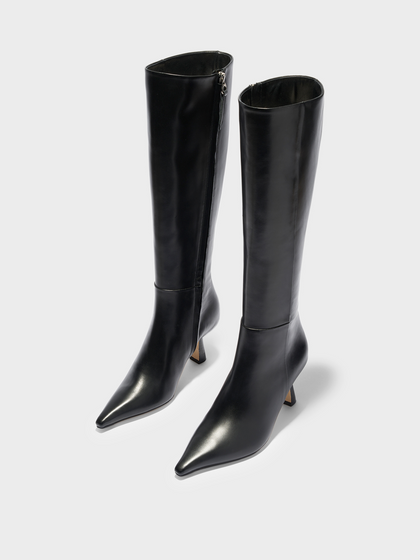 Aeyde | Vina Knee-High Boots Leather Knee High Boots for Women | Black Calf | Pointed Toe | High Heel | Luxury Materials | Handmade in Italy