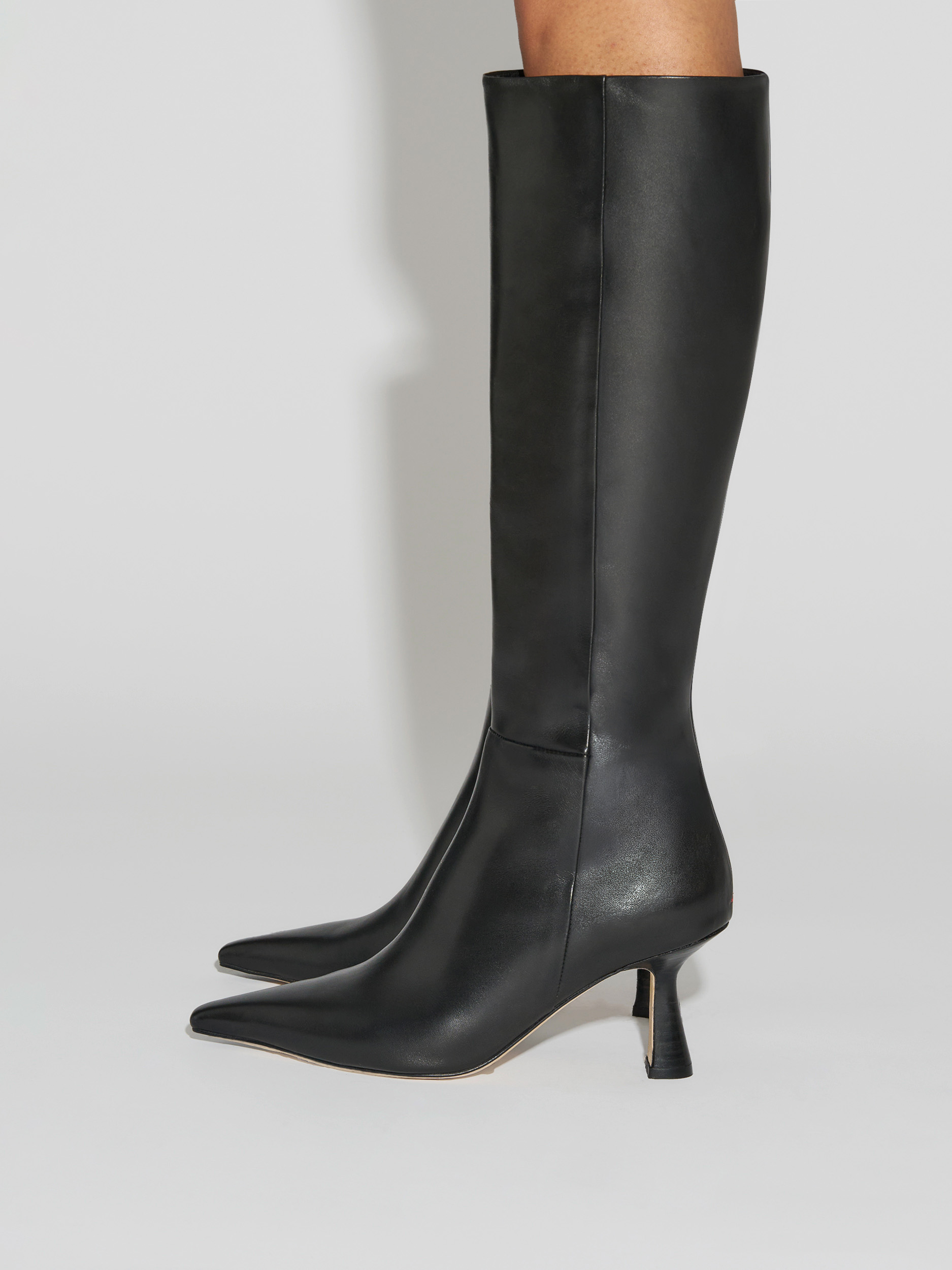 Aeyde | Vina Knee-High Boots Leather Knee High Boots for Women | Black Calf | Pointed Toe | High Heel | How to Style