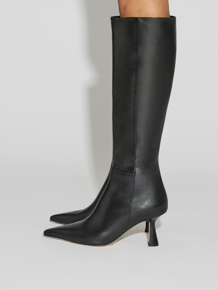 Aeyde | Vina Knee-High Boots Leather Knee High Boots for Women | Black Calf | Pointed Toe | High Heel | How to Style