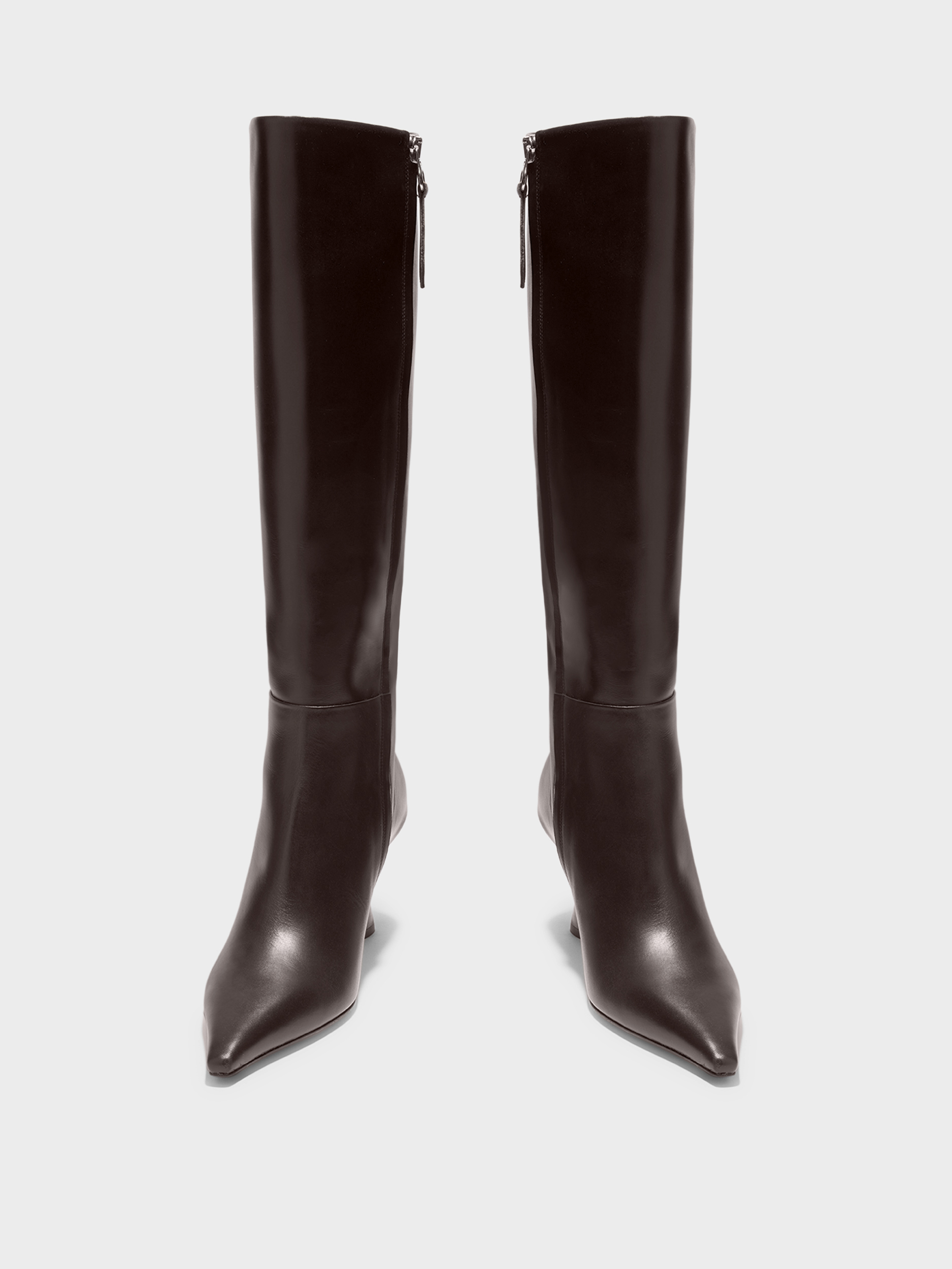 Aeyde | Vina Knee-High Boots Leather Knee High Boots for Women | Moka Calf | Pointed Toe | High Heel | Front View