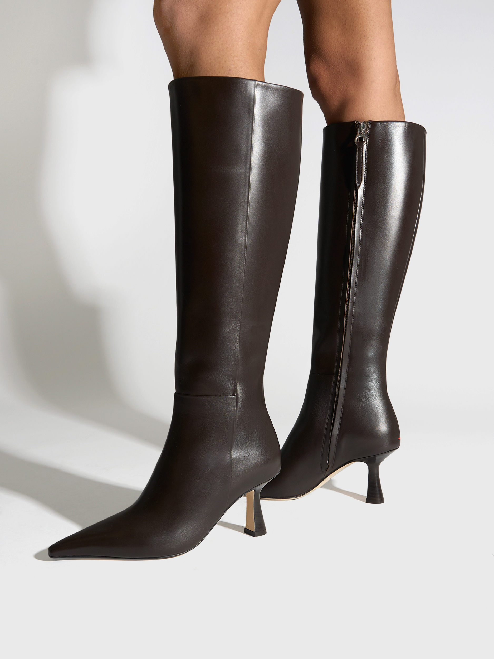 Aeyde | Vina Knee-High Boots Leather Knee High Boots for Women | Moka Calf | Pointed Toe | High Heel | On Feet