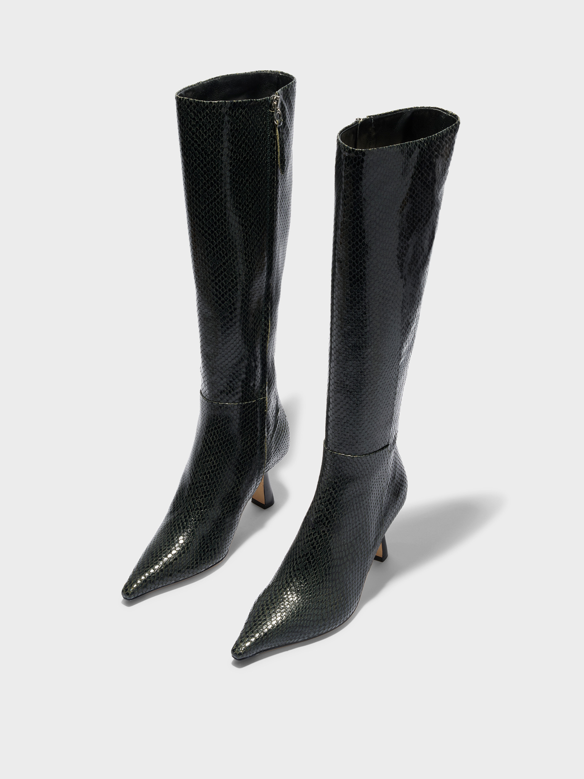 Aeyde | Vina Knee-High Boots Leather Knee High Boots for Women | Moss Mini Snake | Pointed Toe | High Heel | Luxury Materials | Handmade in Italy