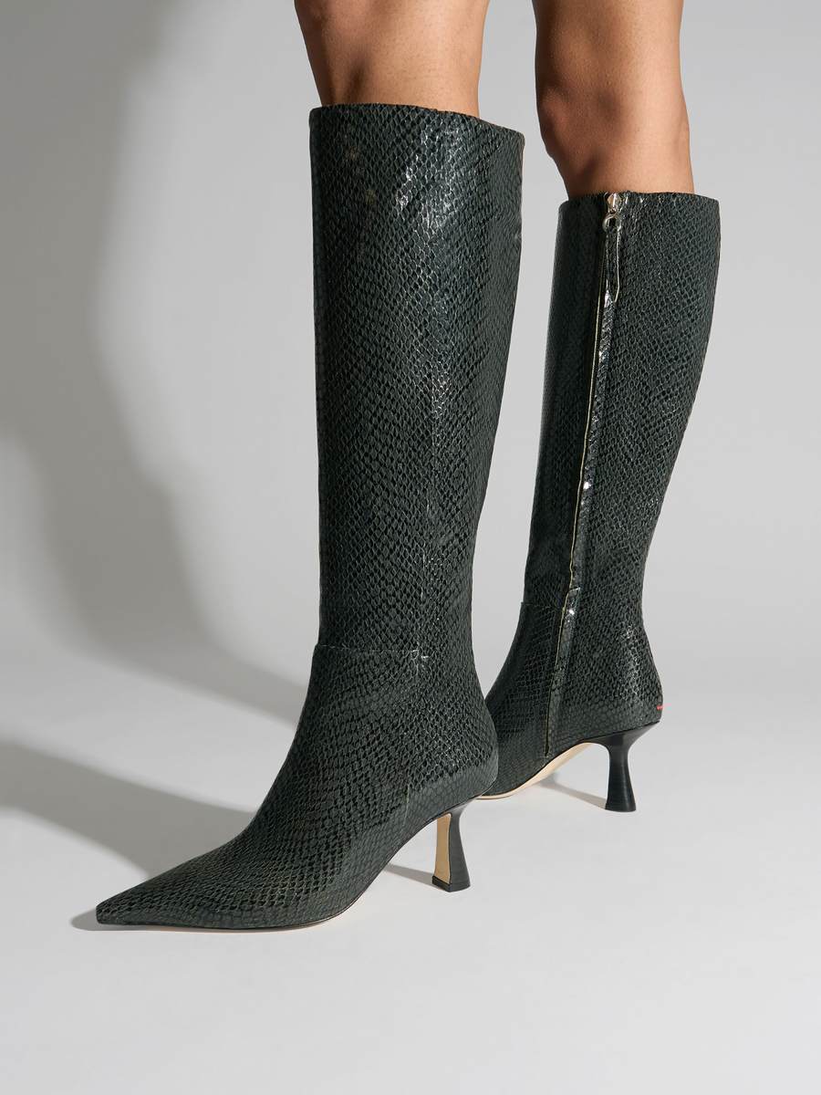 Aeyde | Vina Knee-High Boots Leather Knee High Boots for Women | Moss Mini Snake | Pointed Toe | High Heel | On Feet