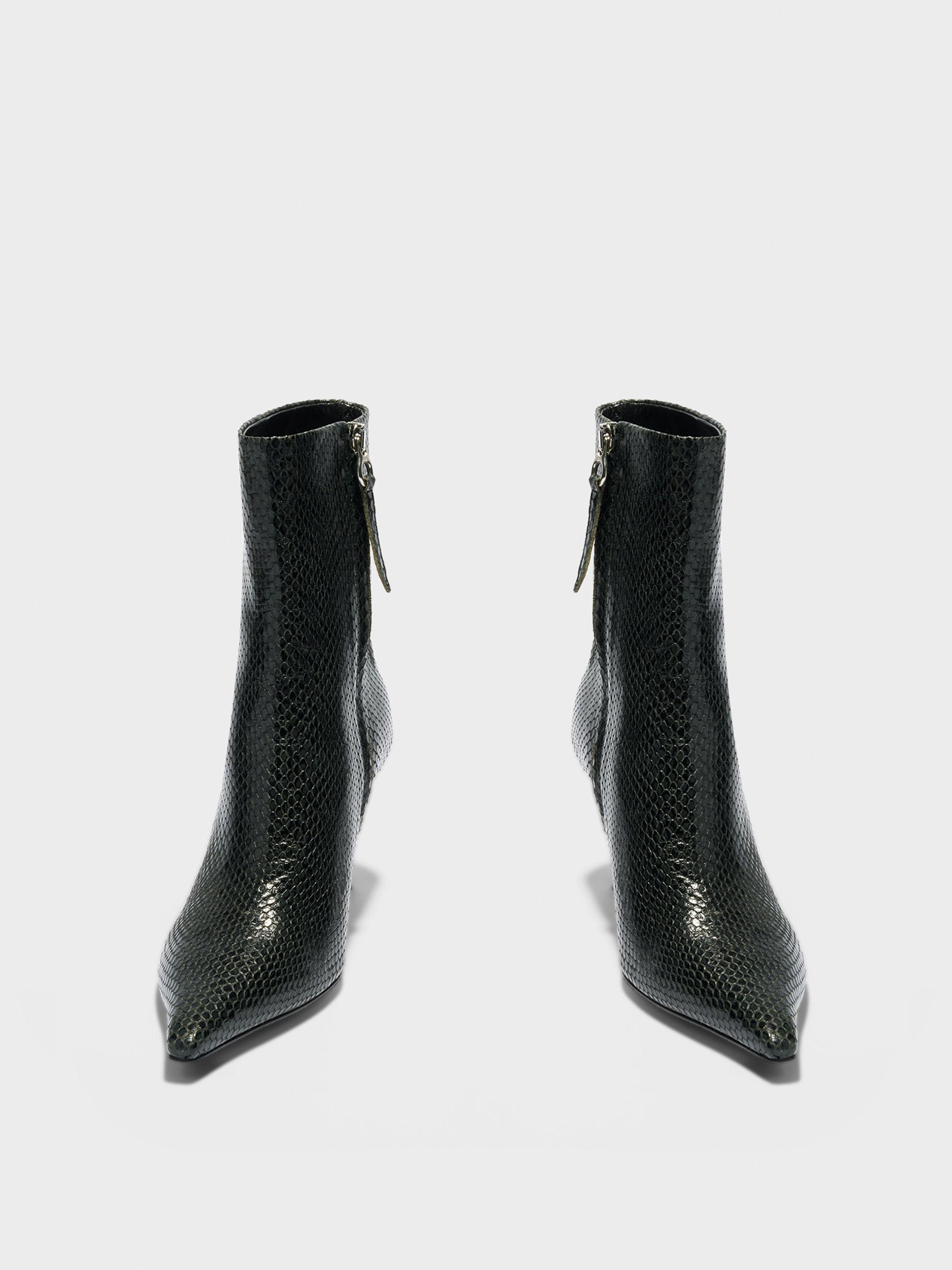 Aeyde | Vivi Leather Ankle Boots Leather Ankle Boots for Women | Moss Mini Snake | Pointed Toe | High Heel | Front View