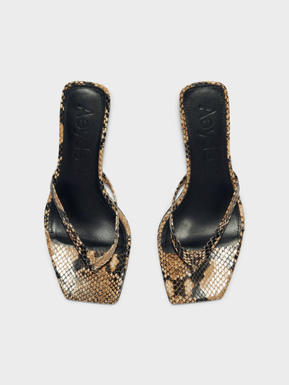 Aeyde | Wilma Leather Heeled Sandals for Women | Hazelnut Snake | Square Toe | Mid Heel | Front View